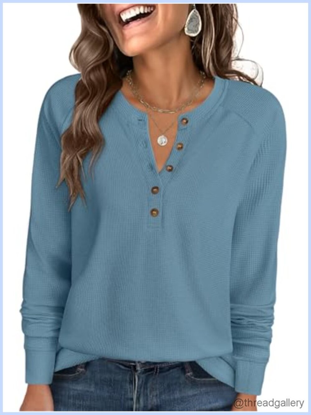 Waffle Knit Henley Top Long Sleeve Loose Fit Button Up Shirt